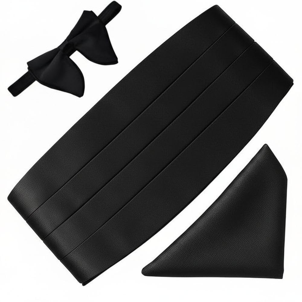 Black Tuxedo Cummerbund and Bow Tie Set for Men – Adjustable Pre-Tied Bowtie, Satin Pleated Cummerbund & Pocket Square – Formal Wedding Prom Tuxedo Accessories Gift Set with Luxury Box-image-29