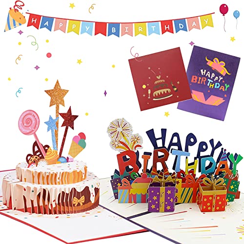 2 Pieces tarjeta de Cumpleaños 3D Tarjeta De Cumpleaños Pop Up Happy Birthday Tarjeta de Felicitación Con Sobre Para Familiares Amigos Amantes Niños(Pastel +Tarjeta De Felicitación de Caja De Regalo) Cover