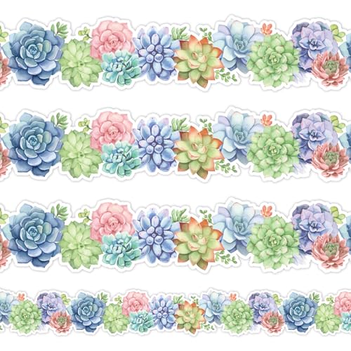 Whaline 32.8ft Spring Summer Succulent Bulletin Board Borders Colorful Watercolor Plant Die-Cut Rolled Border Trim for School Classroom Office Chalkboard Decoration