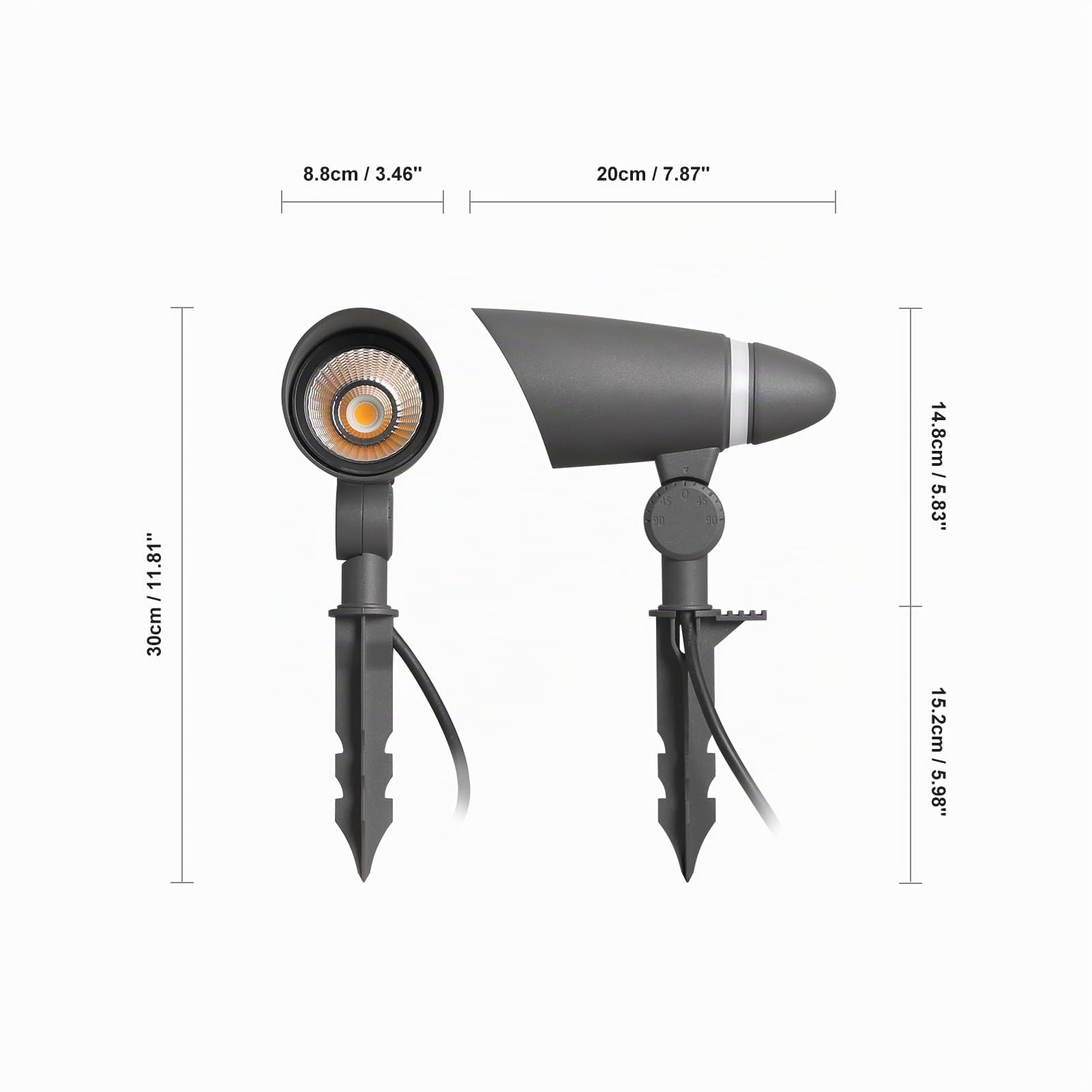 DAWALIGHT Lampes de jardin LED 10W 3000K blanc chaud 800lm Spot LED extérieur pic IP65 étanche projecteur extérieur avec boîte de jonction IP68 pour allée patio cour, aluminium, gris foncé