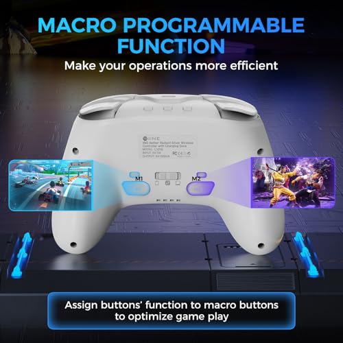 Image of IINE Wireless Pro Controller with Charging Dock, PC Controller with Macro /Turbo /Rumble /NFC /Motion Sensor Function, Multi-Platform Gamepad Compatible with Switch /PC /Steam /Phone /Tablet (Bright Silver)
