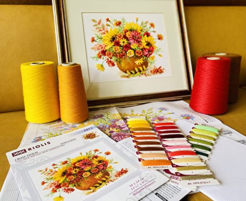 Image of RIOLIS - Autumn Flowers 1973, Floral Cross Stitch Kits 11 inchx9, Cross Stitch Kits for Beginners & Advanced, Crossstitching Kit Adult, Flowers Embroidery Kit