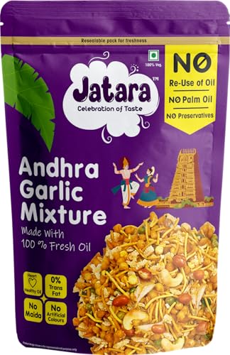 Image of Jatara Andhra Garlic Mixture, Authentic Andhra Style Spicy Namkeen Snack, Crunchy and Flavorful, 210g