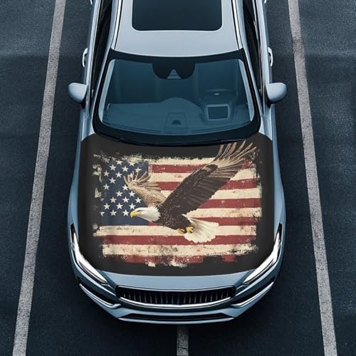 Image of Bald Eagle American Flag Style Car Hood Cover Stretchable Car Hood Protector Waterproof Sun Proof 4th of July Patriotic Decorations Easy Installation for Most Sedans SUV Trucks Pickup