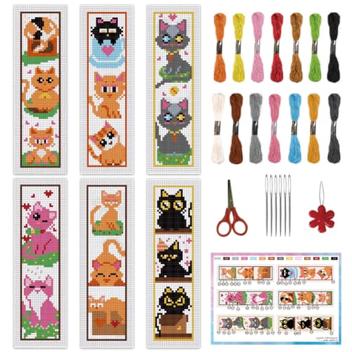 Image of INFUNLY 6 Set Cat Cross Stitch Bookmark Kits Carton Kitten DIY Cross Stitch Kit for Beginners Black Cat Stamped Embroidery Bookmark Kit with Backing Felt Floss Instruction for Starters Book Lovers