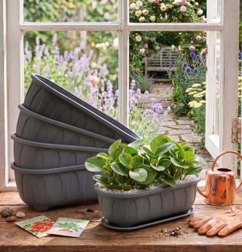 Image of Plastic Rectangle Round Corner Flower Pots with Drainage Hole Saucers Durable Outdoor Indoor Planters with Tray Plant Containers for Balcony, Garden, Home & Office (Grey, 5)