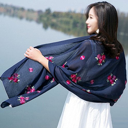 Women Floral Embroidery Spring Autumn Cotton Linen Long Scarf Summer Beach Shawl Wrap Dark Blue3