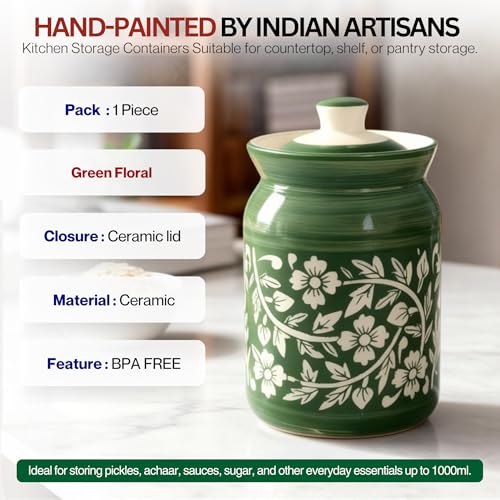 Image of Green Floral Ceramic Handglazed Pickle Jars Set of 1-1000 ML Each | 1 kg Achaar Martban Barni Jar with Lid | Ceramic Storage Jar Container Pickle, Chatney