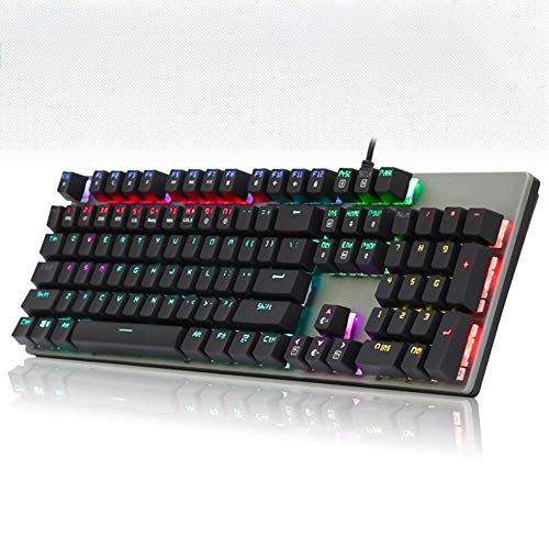 ZXJ Gaming Keyboard, Colorful Rainbow LED Backlit USB Wired Keyboard, with Blue Switches, 105 Keys (UK Layout) Anti-ghosting All-Metal Panel for Desktop, Computer, PC Gamer