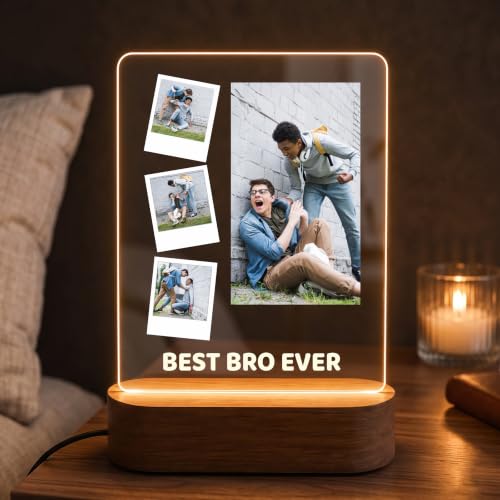 Image of Giftplease Custom Photo Acrylic LED Lamp Night Light - Personalized Picture Frame with Wood Base Warm Glow Desk Lamp,Custom Birthday, Rakhi, Graduation for Brother, Sibling, Best Friend