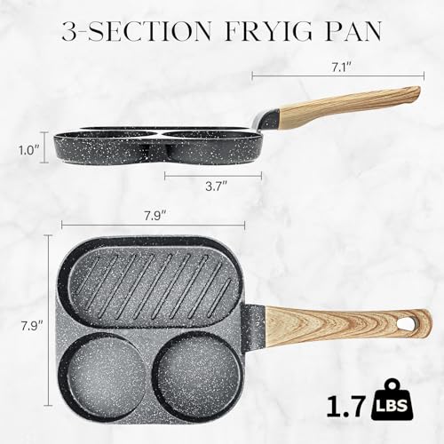 Image of GiPP Non Stick Egg Pan - 3 Section Breakfast Frying Pan, 3-In-1 Divided Grill Pan with Heat-Resistant Handle, 7.9 inch Omelette Pan Compatible with All Stovetops, PFOA Free, Grey