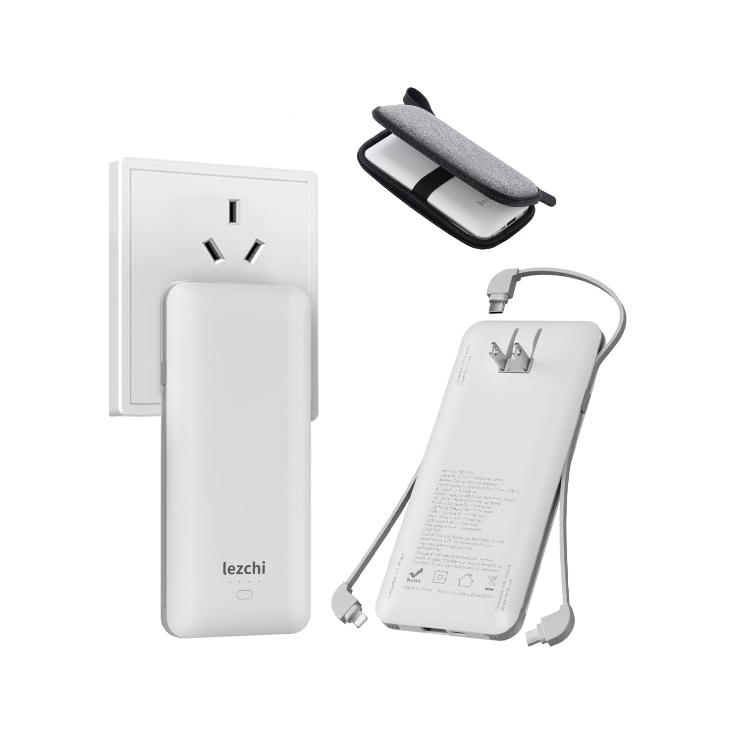 Amazon.com: lezchi Portable Power Bank, Ultra Slim 10000mAh Portable Charger,  USB C External Battery Pack with Built-in AC Plug, Charging Cable, Output  Port, Compatible with All Kinds of Cellphones  : Cell