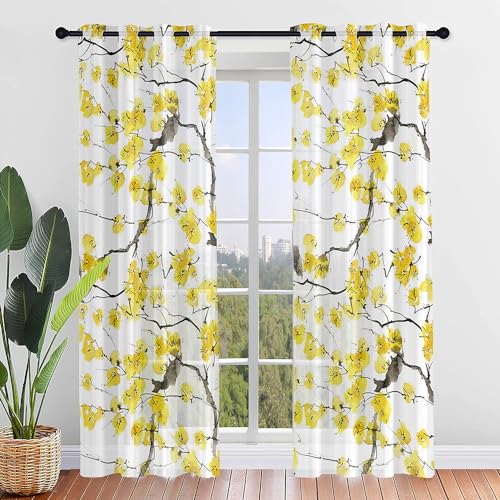 Surwin Lot de 2 Rideau Voilage, Rideau à Oeillets, Voiles Intérieurs Translucides, Rideaux Salon Moderne pour Décorer Salon, Chambre, Cuisine - Prune Bossue (132x160cm,Prune Jaune)