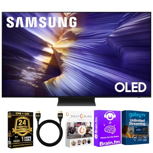 samsung oled s90f 4k smart tv bundle – ultra thin design, hdr+, 144hz gaming, alexa built-in, ai upscaling w/aux hdmi cable, 2-year protection, streaming apps (65, inches)