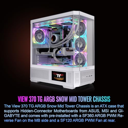 Image of Thermaltake View 370 TG ARGB Mid Tower; 1x360mm & 1x120 ARGB PWM Fans Included; 360mm Rad Support; 420mm GPU Clearance; Hidden Connector Support (ATX /mATX); Vertical GPU Support;Snow; CA-11N-00M6WN-00
