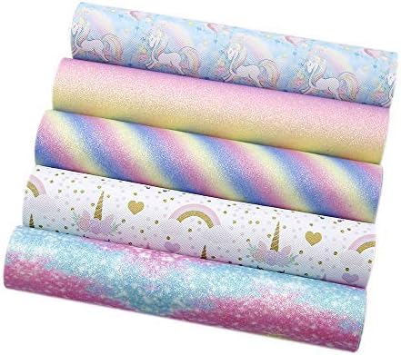 David Angie Unicorn Printed Faux Leather Sheet Rainbow Color Glitter Synthetic Fabric Assorted 5 PCS 7.7" x 12.9" (20 cm x 33 cm) for Earrings Hair Clips Headbands Covers Making (Mixed Style)