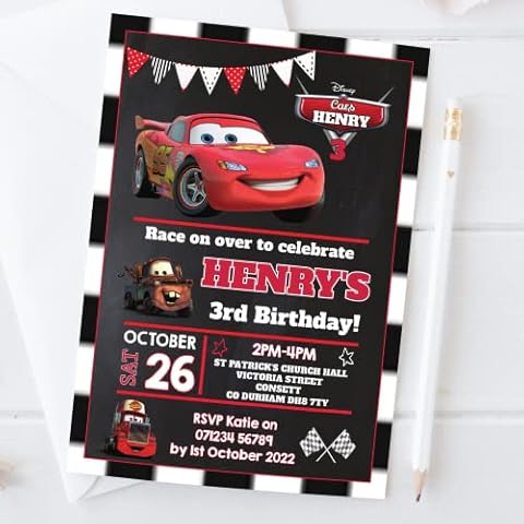 10 Personalised Birthday Party Invitations Disney Cars Lightning McQueen + Envs Cover