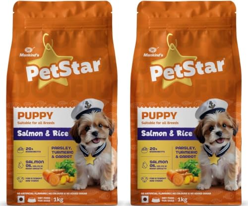 Image of Mankind Petstar Puppy Dry Dog Food (High Protein) Salmon & Rice Flavor, 1kg Pack | Improves Muscle & Strength, Supports Immunity, Protects Liver & Kidney,Pack of 2
