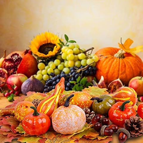 50Pcs Thanksgiving Artificial Pumpkins Home Decoration Set, Artificial Foam Pumpkins, Maple Leaves, Gourd, Pine Cones, and Acorns Set for Halloween Table Decor, Thanksgiving Day Autumn Party Supplies Cover