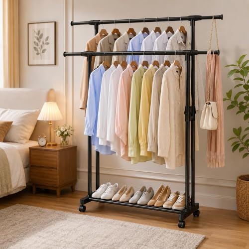 Image of ๐๐ข๐ฆ๐ ๐๐ฅ Heavy-Duty ๐ ๐ฒ๐๐ฎ๐น Hanger Stand for ๐๐น๐ผ๐๐ต๐ฒ๐ Hanging, Garment ๐ฆ๐๐ฎ๐ป๐ฑ ๐ฅ๐ฎ๐ฐ๐ธ Clothe Storage Freestanding ๐๐น๐ผ๐๐ต ๐๐ฎ๐ป๐ด๐ถ๐ป๐ด Stand for Bedroom, Entryway, Living Room