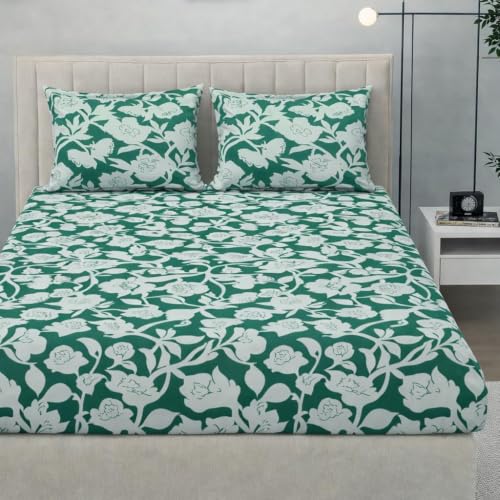 Image of 380 TC Premium Glace Cotton Elastic Fitted Bedsheet King Size with 2 Pillow Covers King Size | Double Bed with All Around Elastic (Green-White, Fitted - 72 inchx78 inch King)