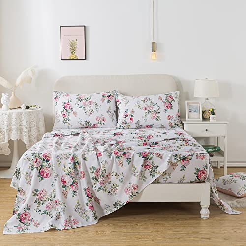Fadfay Sheets Set Queen Pink Rose Floral Bedding Shabby Peony Flower Bed Sheet Set Vintage Farmhouse Bedding 100% Cotton Ultra Soft Breathable Bedding With Deep Pocket Fitted Sheet 4Pcs, Queen Size #TOP6