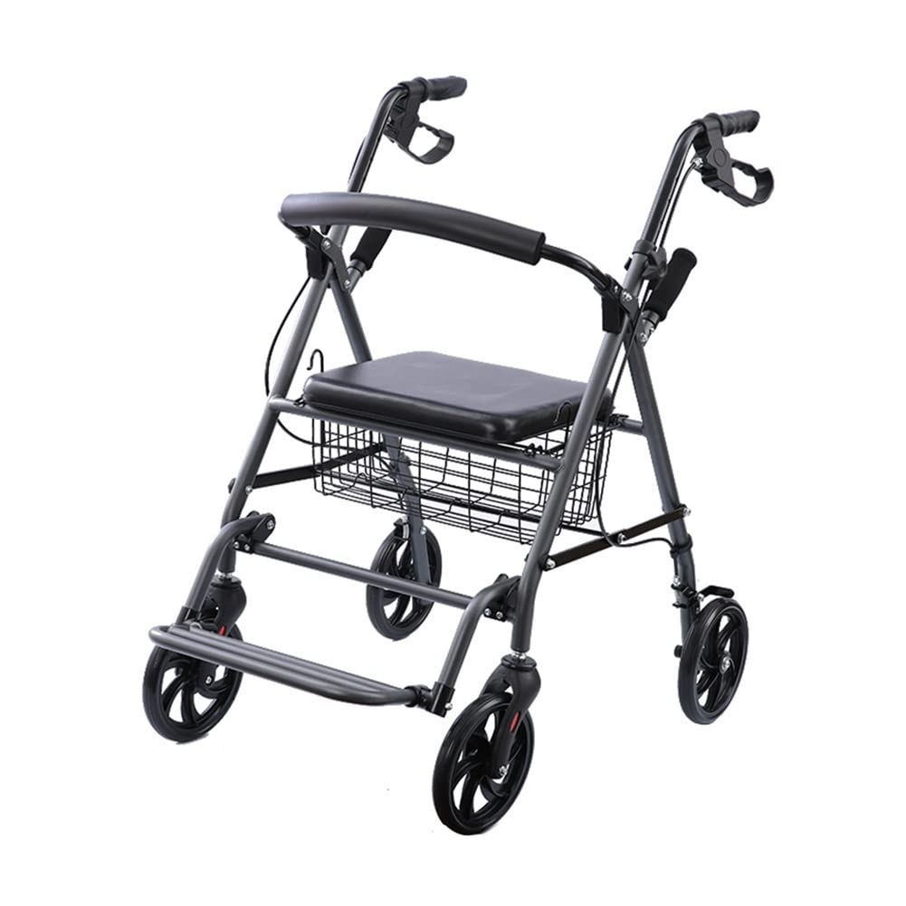Andador estándar plegable de cuatro ruedas con asiento acolchado, frenos bloqueables y cesta de almacenamiento, ayuda a la movilidad para ancianos o discapacitados