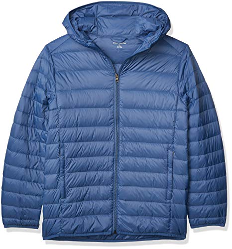 Amazon Essentials Men's Lightweight Water-Resistant Packable Hooded Down Jacket, Blue, Large