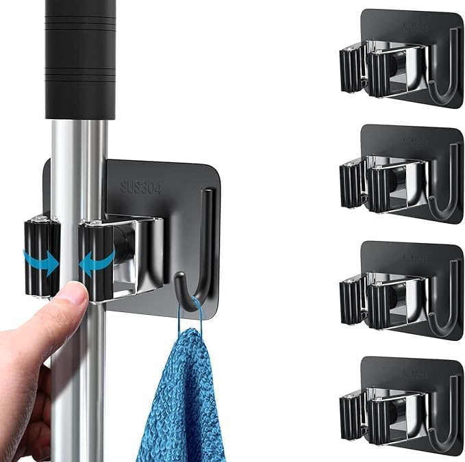 INFERNO 2 Pieces Stainless Steel Heavy Duty Wall Mounted Broom and Mop Stick Holder, Hook for Hanging Tools of Home Kitchen Garden Laundry Garage (Black) (B0CLW4813M) Amazon Price History, Amazon Price Tracker