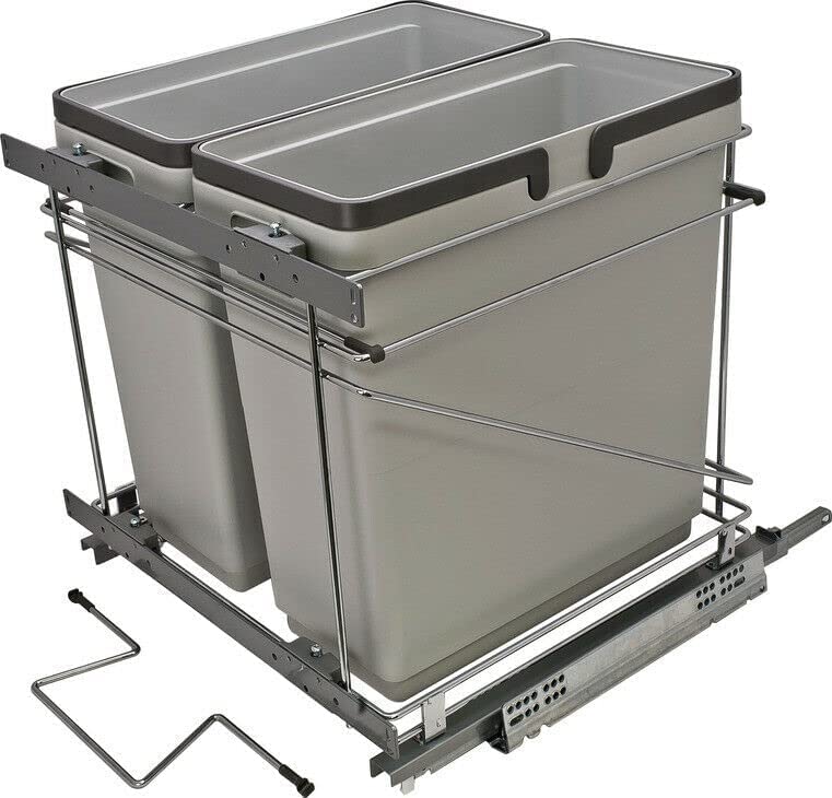 Kitchen Inventions Salice Double Bin Full Extension Pullout Trash System with Soft Close and Door Mount Brackets for Base Cabinets (2 X 35 Qt for 21