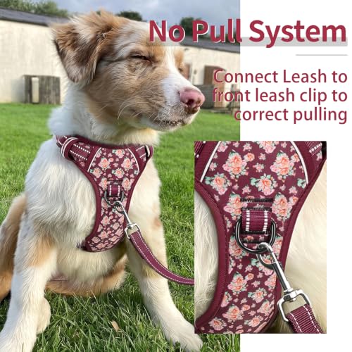 Image of HEELE Dog Harness, Reflective, No Pull No Choke, Flower Burgundy, S | Front Clip for Small Dog Harness, 2 Metal Rings with Handle, Adjustable, Soft Breathable Padded Pet Vest for Night Walking