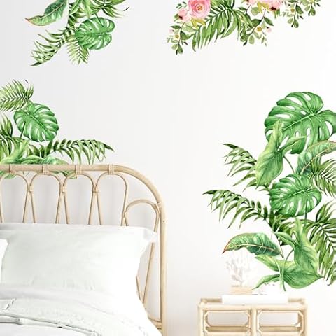 Supzone Tropical Leaves Wall Sticker Green Palm Leaf Wall Decal Flower Plants Wall Decor DIY Vinyl Mural Art for Bedroom Living Room Offices Sofa TV Backdrop Wall Decoration Cover