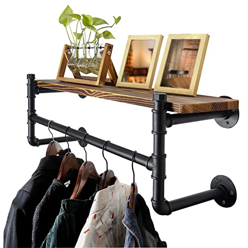 Webi Wall Mounted Clothes Rack With Shelf,24'' Industrial Pipe Clothing Rack With Shelves,Heavy Duty Iron Garment Rack Bar,Retail Display Clothes Rod For Clothes,Laundry Room,Black #TOP18