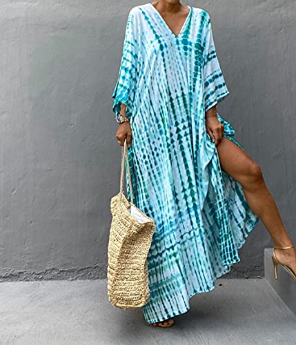 Kaftan Caftan Kaftans Women's Plus Size Caftans Stripe Print Tie Dye Vneck Kaftans Loose Soft Kaftan Dresses Loungewear Light Weight Side Split Beach Maxi Dresses (730-14 Blue) #TOP3