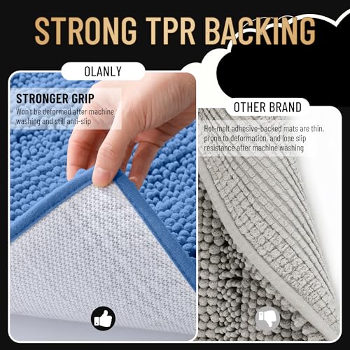 Image of OLANLY Thick Bathroom Rugs 30x20, Extra Soft Absorbent Chenille Striped Bath Rugs, Rubber Backing, Machine Wash, Bath Mats for Bathroom Floor, Tub and Shower, Home Decor Accessories, Cornflower Blue