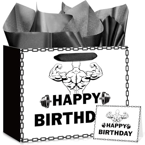 Gym Birthday Gifts Bag with Tissue Paper Card Weight Lifting Gym Birthday Party Decorations Fitness...