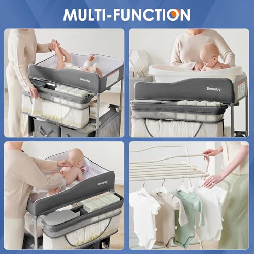 Image of Sweeby Portable Baby Changing Table, Foldable Changing Table Dresser Changing Station for Infant, Waterproof Diaper Changing Table Pad Topper, Mobile Nursery Organizer for Newborn Essentials,Darkgrey