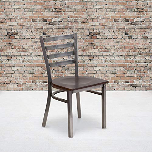 Image of Flash Furniture 2 Pack HERCULES Series Clear Coated Ladder Back Metal Restaurant Chair - Walnut Wood Seat