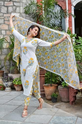 Image of Women Printed Stylish White and Yellow Kurta with Pant and Dupatta Set