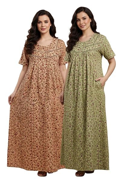 Image of Bahumaan Cotton Nighty for Women Full Length Stylish | Floral Print Cotton Maxi Dress for Women with Pocket | Sleepwear Gown for Women