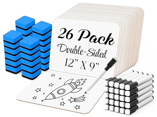 26 Pack Dry Erase Lapboards 12' x 9' - Double Sided Small Dry Erase Boards with 26 Markers & Erasers...
