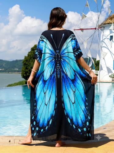 Image of sunforyou Kaftan Dresses for Women Plus Size Lightweight Swimsuit Cover up Batwing Sleeve Print Loungewear Beach Robe