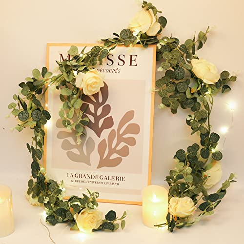 Artificial Rose Garland 5.9FT Silk Flowers Vine Peony Fake Hanging Flower Plants with 30LED Fairy Light Faux Champagne Rose Floral Arch for Home,Garden,Indoor/Outdoor Wedding,Party Hanging Rose Decor