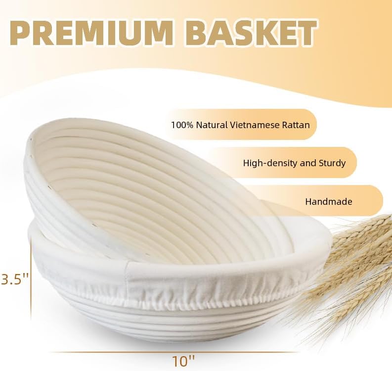 2 Pack 10'' Round Banneton Bread Proofing Baskets Gift Set Sourdough Starter Kit Proofing Bowl Liners Dough Scrapers Whisk Scoring Tools Bread Bag Baking Supplies image 3