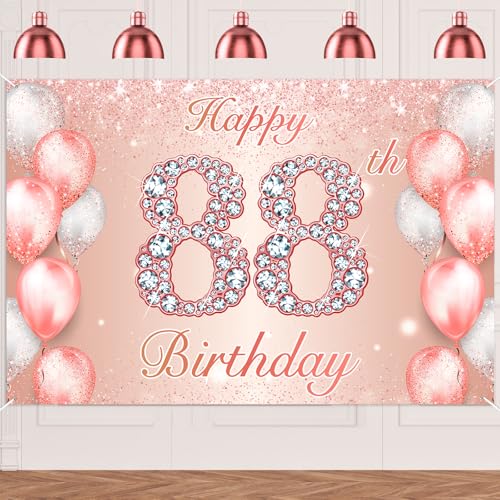Image of Happy 88th Birthday Rose Gold Banner Cheers to 88 Years Old Backdrop Confetti Balloons Theme Decor for Women 88 Years Old Pink Birthday Party Decorations Bday Supplies Background Favors Gift Glitter