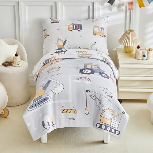 Image of JHXHMX 4 Pieces Toddler Bedding Set for Boys,Excavator Cars Truck Pattern Toddler Comforter Set,Soft Crib Bed Set Including Comforter,Sheets and Pillowcase-Gray