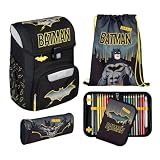 Undercover Schulranzen Set 5-TLG. Jungen 1. Klasse, Mit personalisiertem Zubehör Turnbeutel Federmappe für Grundschule, Schultasche Batman Superheld, 19L