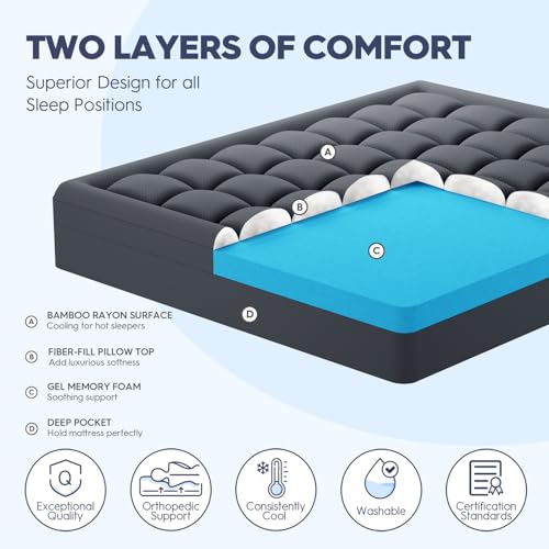 Image of ELEMUSE Dual Layer 3 Inch Memory Foam Mattress Topper Twin, 2 Inch Cooling Gel Memory Foam Plus 1 Inch Down Alternative Pillowtop Mattress Pad with Cooling Cover, Soft Comfort Support, Grey