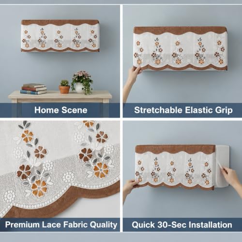 Image of Premium Cotton Net AC Cover for 1.5-2 Ton Split Air Conditioner | Dust Protection AC Indoor Unit Cover for Summer | Embroidered & Printed | Pack of 1 (Brown Flower)