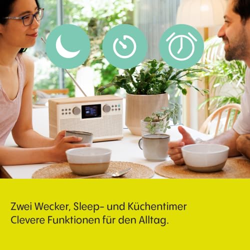 Pure Classic H6 Hi‑Fi Stereoanlage und Musikanlage mit DAB+ UKW Radio Bluetooth 5.3 USB‑A & AUX 2,4 Farb‑TFT Fernbedienung Dual‑Wecker Schlaf‑ & Küchen‑Timer 2×15 W 80 Speicher – Baumwollweiß/Eiche